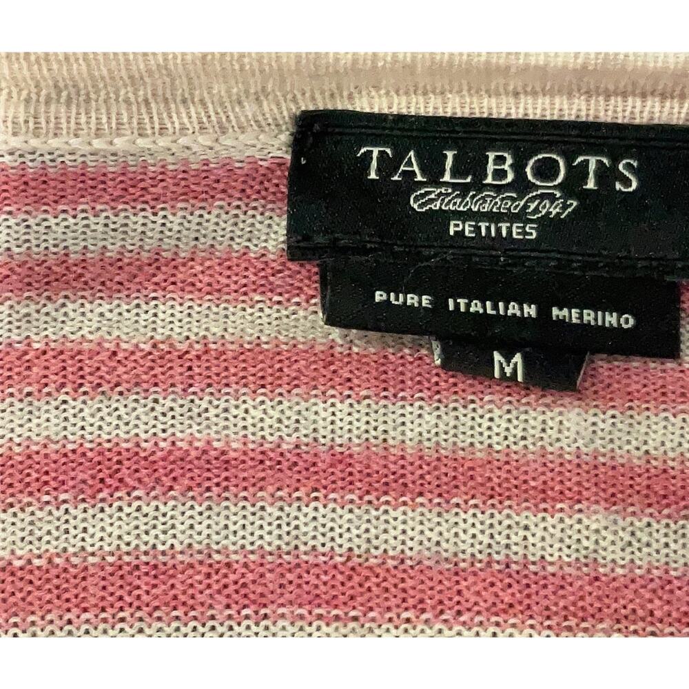 Talbots Petite Pink & Cream Striped Merino Wool Cardigan Pure Italian Merino Med - Picture 5 of 6